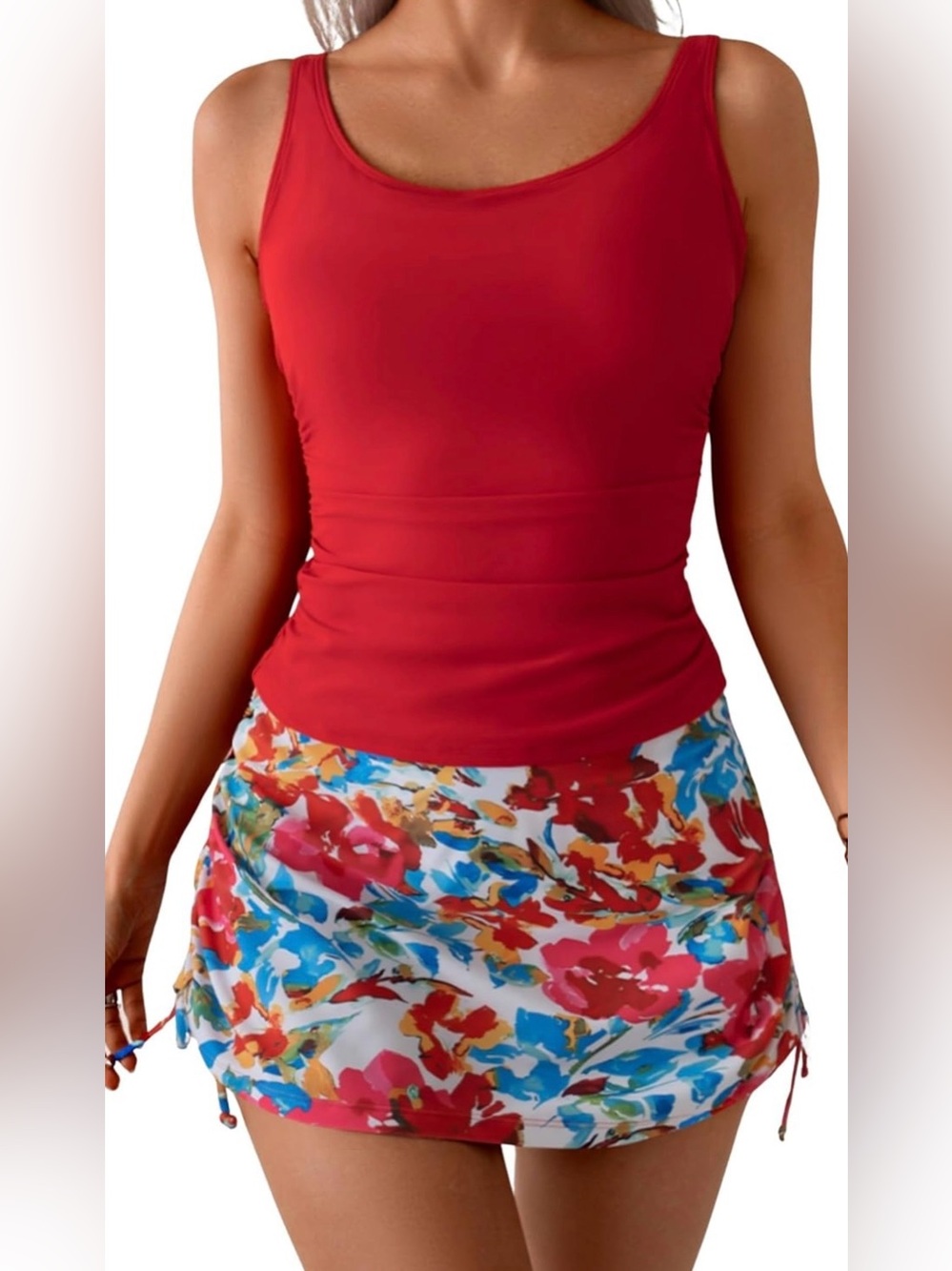 NWT B2prity Red Floral 2Pc Tankini Slimming Drawstring Skirt Swimsuit Women’s S